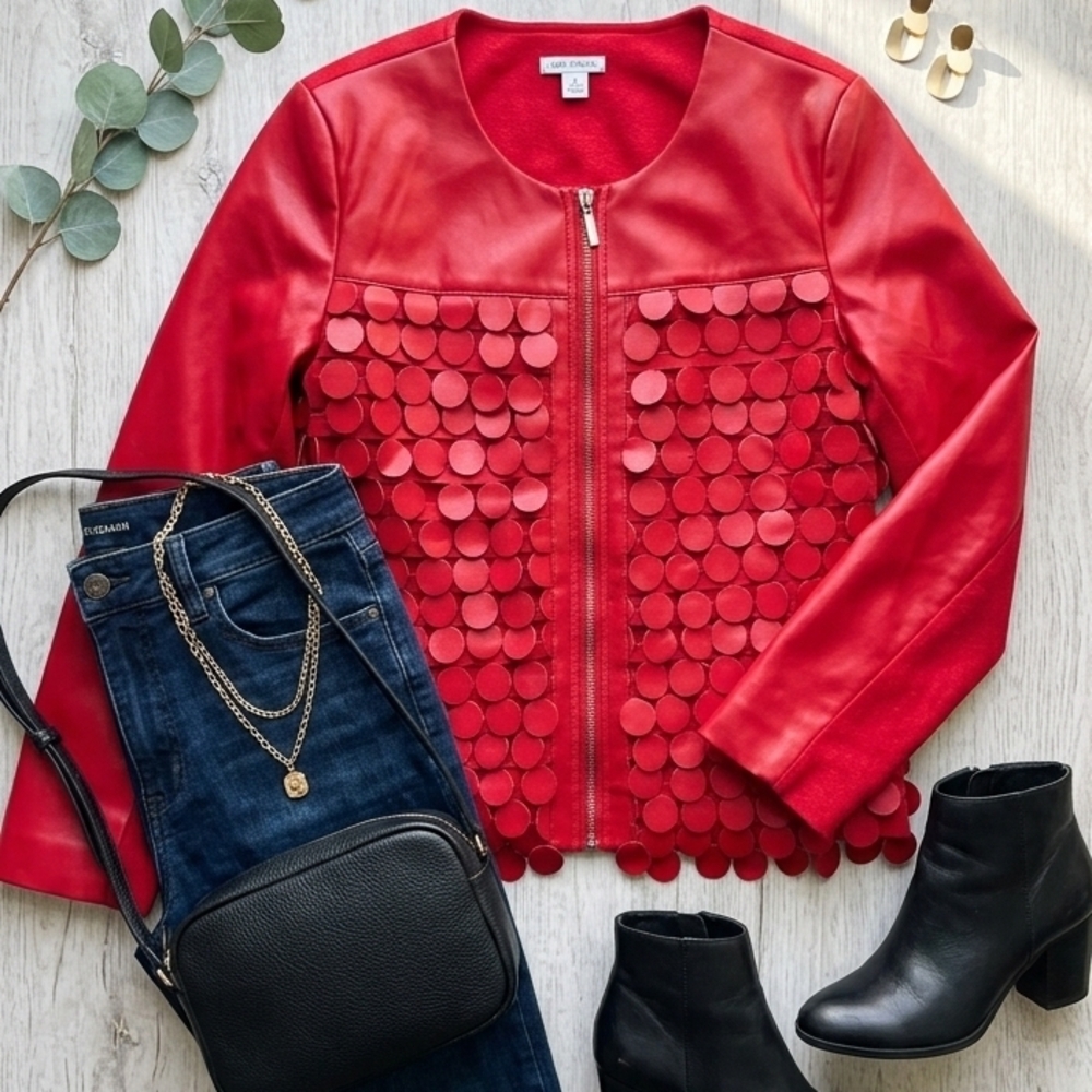 Karen Kane Red Leather Jacket with Sequin Circle Front